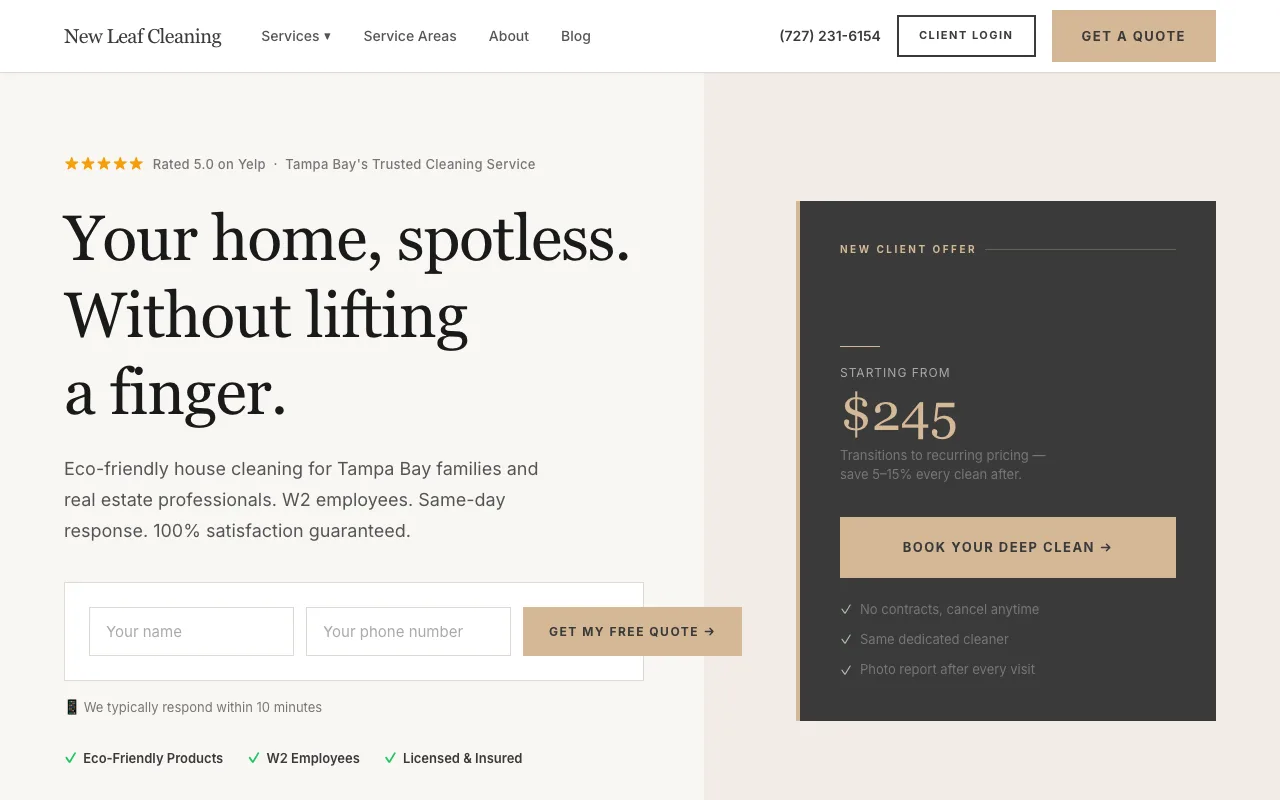 New Leaf Cleaning Service — custom website by Tekavra Creative
